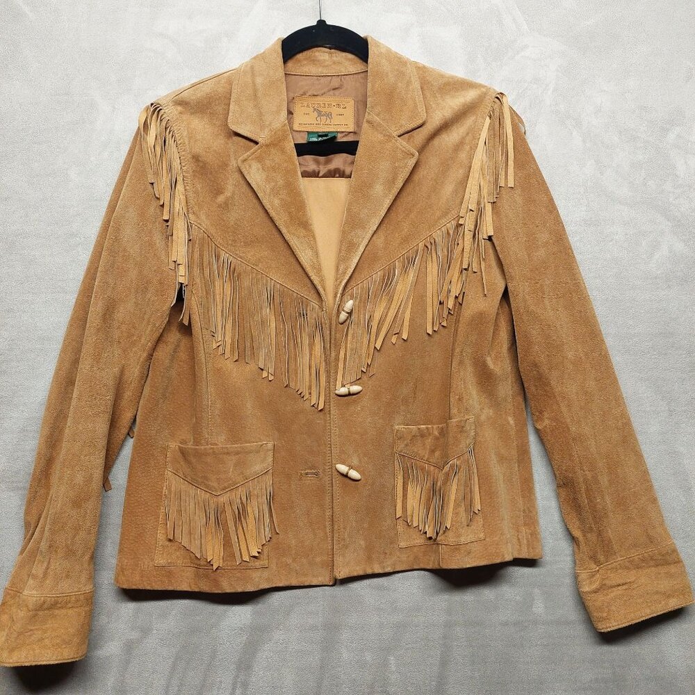 Ralph Lauren RL Leather Western Suede Fringe Jacket Womens Petite Medium PM Tan